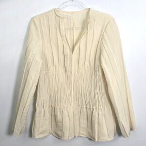 Babette Crinkle Pleated Lagenlook Tunic Top Front Pockets Cream Large
